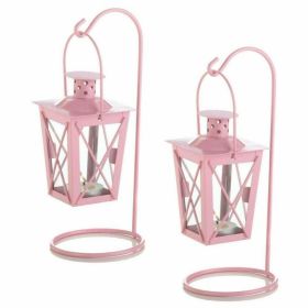 Home Decor Indoor/Outdoor Simple Yet Elegant Square Lantern Set Of 2 (Color: Pink, Type: Candle Lanterns)