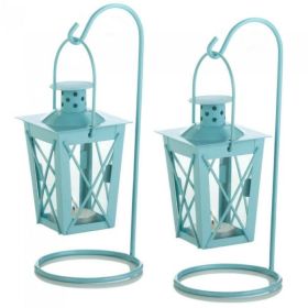 Home Decor Indoor/Outdoor Simple Yet Elegant Square Lantern Set Of 2 (Color: Light Blue, Type: Candle Lanterns)