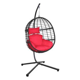Hanging Chair, Indoor Outdoor Hanging Egg Chair with Stand, Durable Wicker Porch Swing Hammock Chair Sets, Heavy Duty UV Protective Frame and Waterpro (Color: Red)