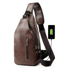 Men Chest Bag PU Leather Sling Fanny Pack Shoulder Backpack w USB Charging Port (Color: Dark Brown)
