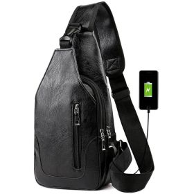 Men Chest Bag PU Leather Sling Fanny Pack Shoulder Backpack w USB Charging Port (Color: Black)