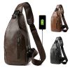 Men Chest Bag PU Leather Sling Fanny Pack Shoulder Backpack w USB Charging Port
